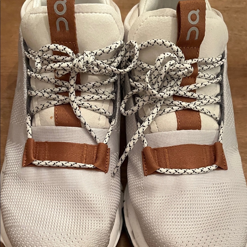 On Running White and Tan Sneakers